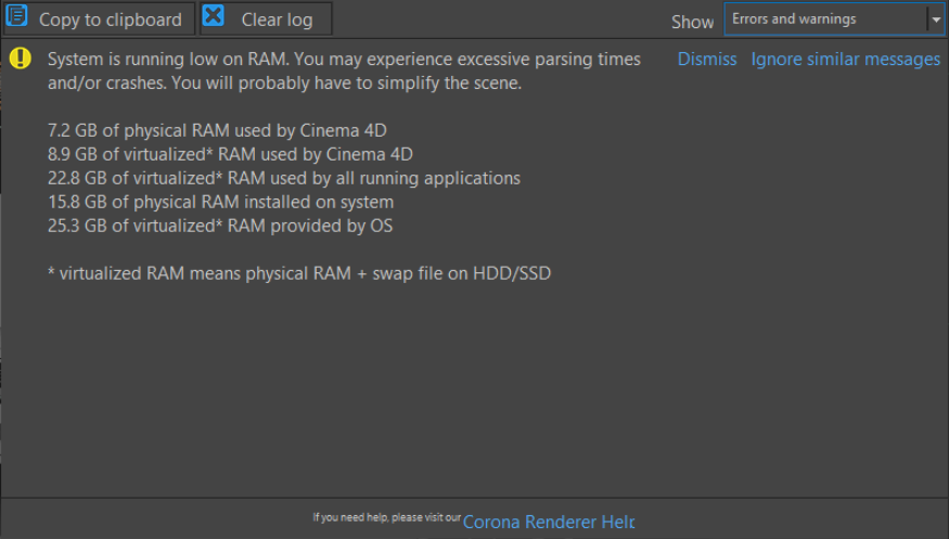 System is running low on RAM so you may experience excessive parsing times  or crashes – Chaos Help Center