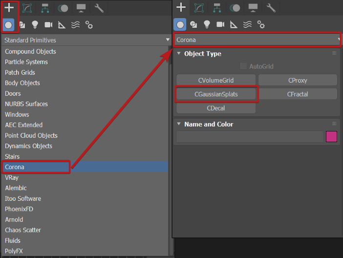 Corona_3dsmax_GaussianSplats_CommandpanelUI_Creation.png